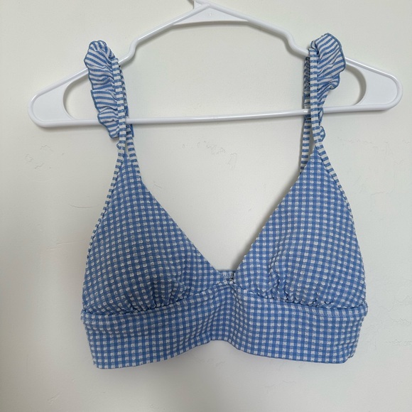 AERIE seersucker ruffle longline triangle bikini top plaid blue and white Size S - Picture 2 of 10